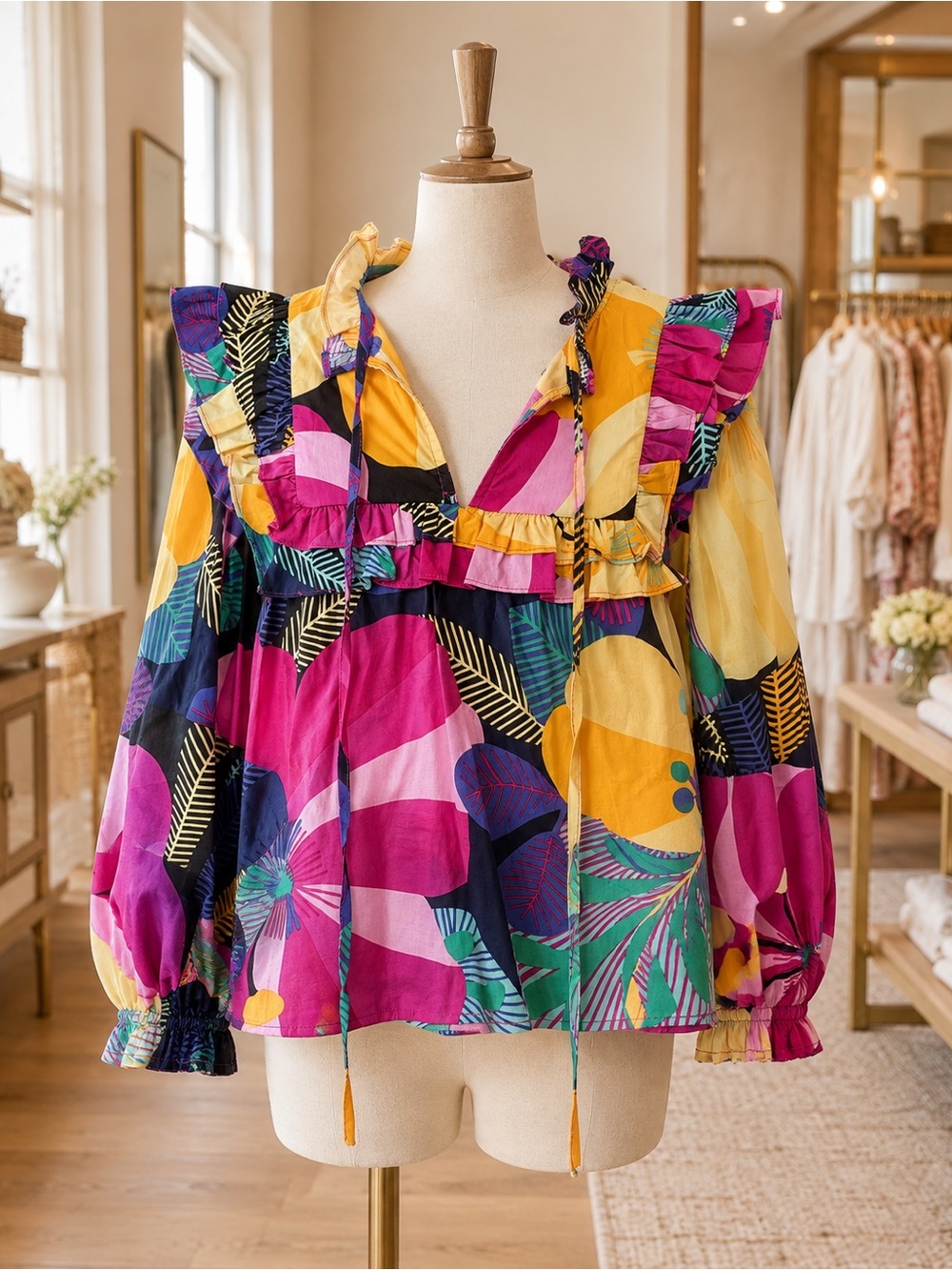 Meet me in Santorini Women’s Floral Ruffle Tie-Front Blouse - Multicolor NWT